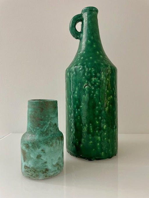 Set Of 2 Green Glazed Vases