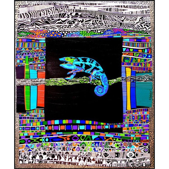 Image 1 of Vintage painting The Chameleon from Zulu mythology by Alain Carpentier