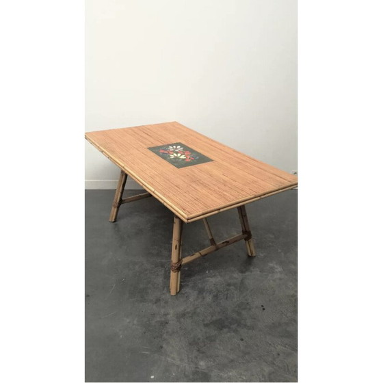Image 1 of Vintage table in rush and bamboo, 1950