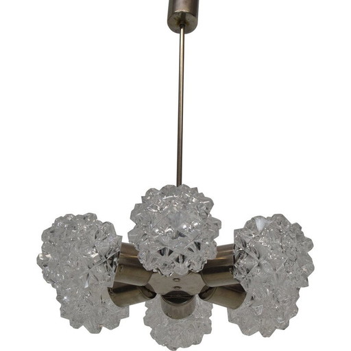 Pair of vintage glass, metal and steel chandeliers for Kamenicky Senov, Czechoslovakia 1970s