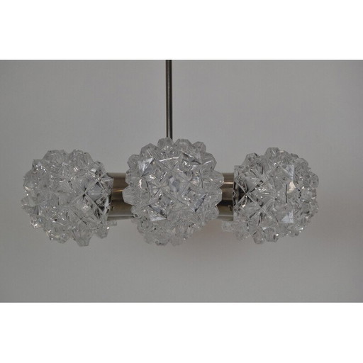 Pair of vintage glass, metal and steel chandeliers for Kamenicky Senov, Czechoslovakia 1970s