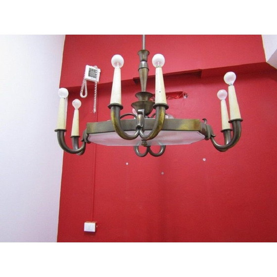 Image 1 of Vintage Italian chandelier in glass and brass by Gio Ponti