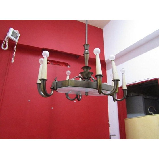 Image 1 of Vintage Italian chandelier in glass and brass by Gio Ponti