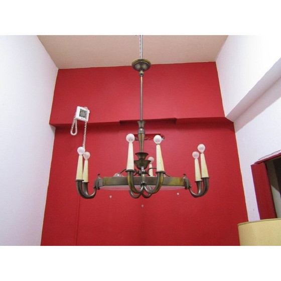 Image 1 of Vintage Italian chandelier in glass and brass by Gio Ponti