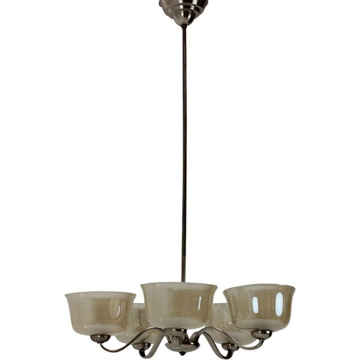 Vintage art deco metal and glass chandelier, Czechoslovakia 1930