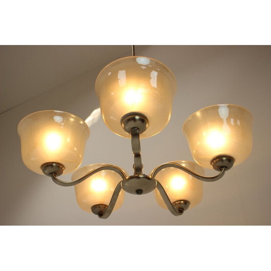 Image 1 of Lampadario vintage in metallo e vetro in stile art déco, Cecoslovacchia, 1930