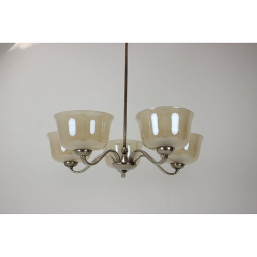 Vintage art deco metal and glass chandelier, Czechoslovakia 1930