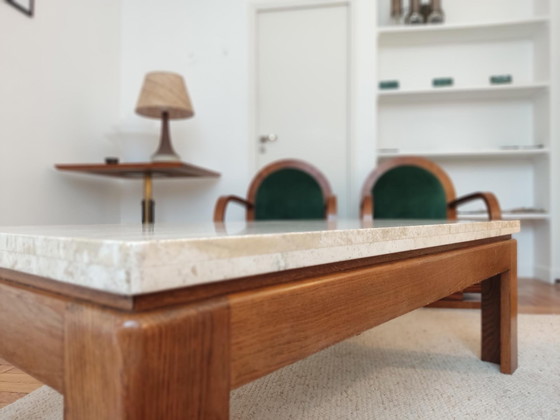 Image 1 of Wood & Travertine Coffee Table