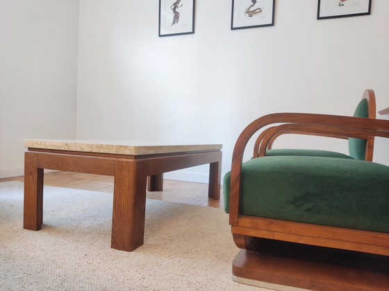 Image 1 of Wood & Travertine Coffee Table