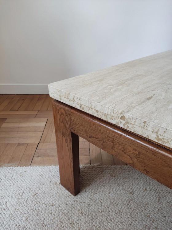 Image 1 of Wood & Travertine Coffee Table