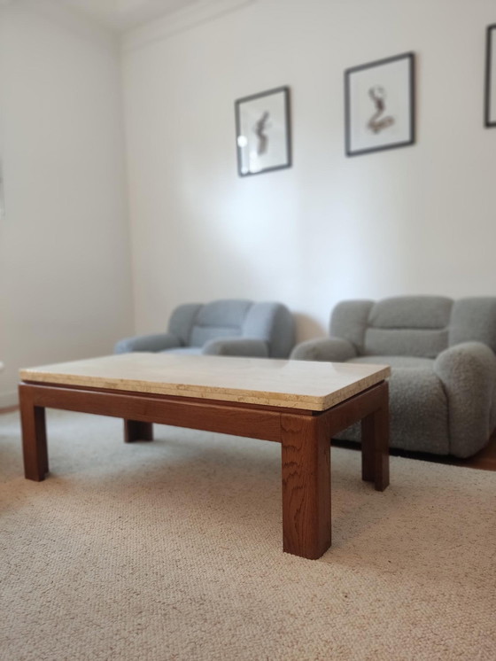 Image 1 of Wood & Travertine Coffee Table