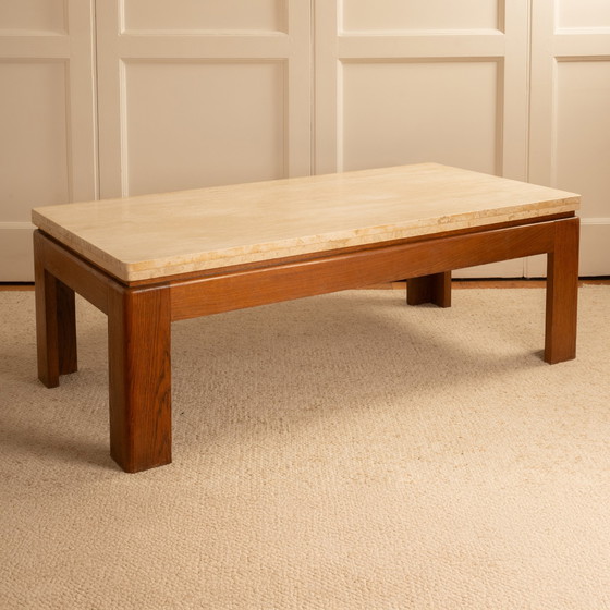 Image 1 of Wood & Travertine Coffee Table