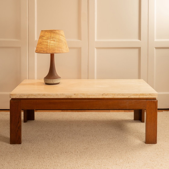 Image 1 of Wood & Travertine Coffee Table