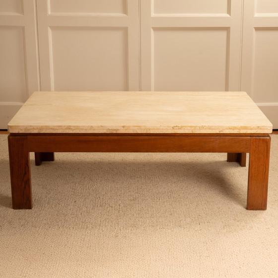 Image 1 of Wood & Travertine Coffee Table