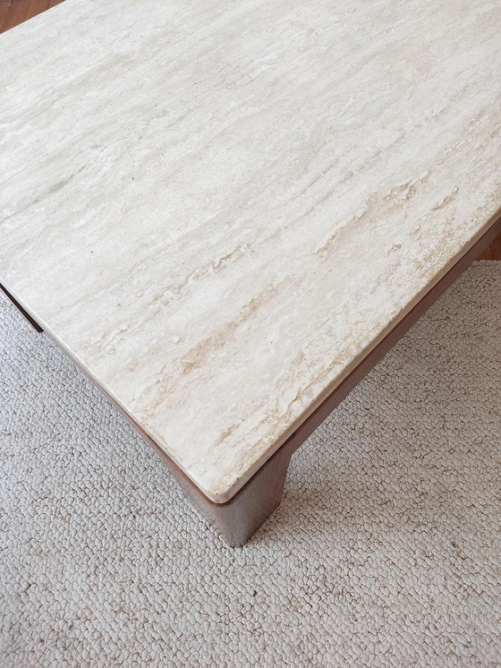 Image 1 of Wood & Travertine Coffee Table