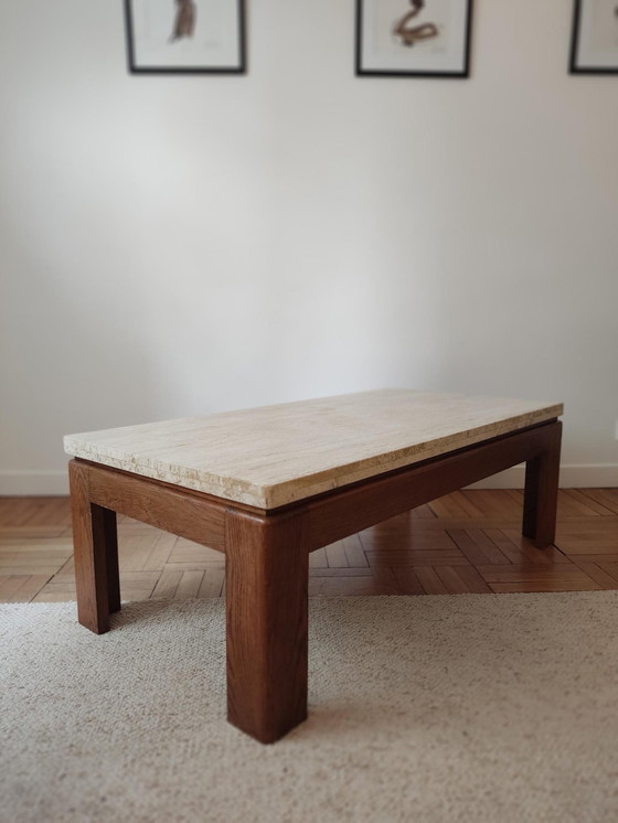 Image 1 of Wood & Travertine Coffee Table