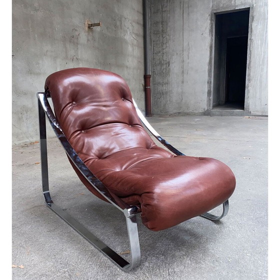 Image 1 of Coppia di poltrone vintage in acciaio inossidabile e pelle rivestite di Roche&amp;Bobois, 1970