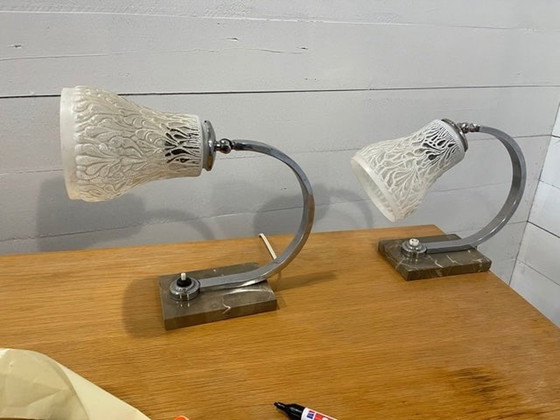 Image 1 of Set of 2 Art Deco desk lamps made of marble and glass