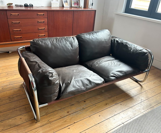 Image 1 of Leolux - '70S Leather And Chrome Loveseat