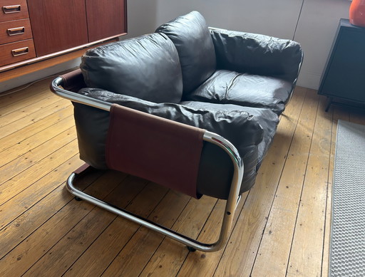 Leolux - '70S Leather And Chrome Loveseat