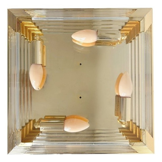 Image 1 of Mid - Century square chandelier glass brass hollywood regency 1970's