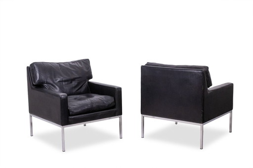 Pair Of Black Leather And Chrome Metal Armchairs. Circa 1970.