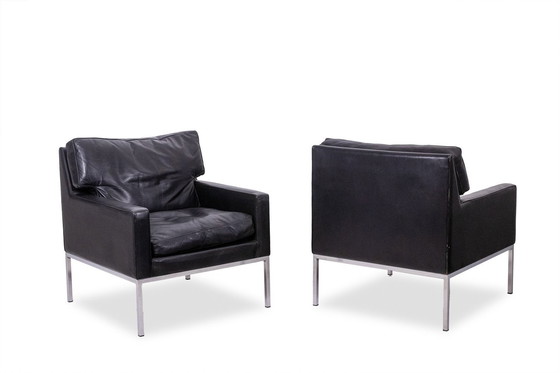 Image 1 of Pair Of Black Leather And Chrome Metal Armchairs. Circa 1970.