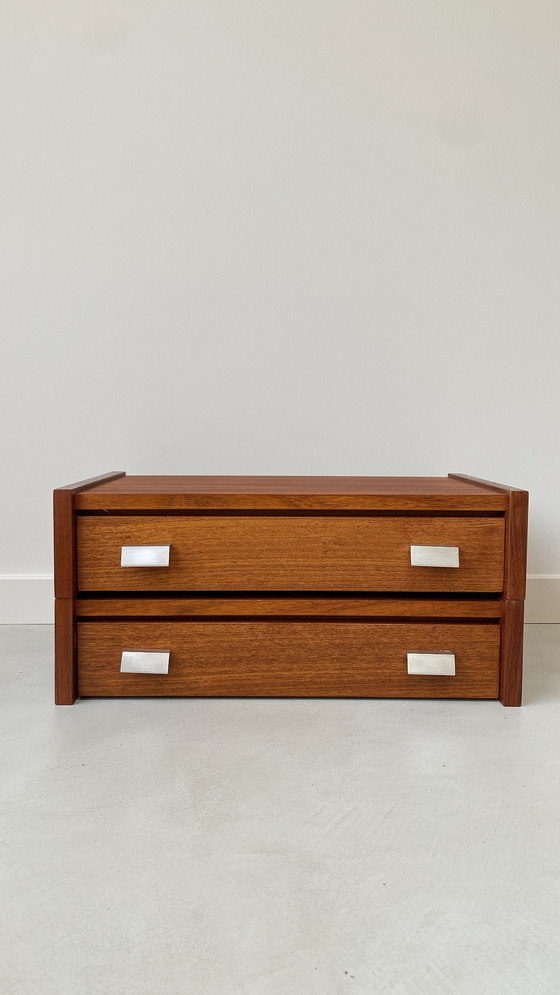 Image 1 of Set Teak Wooden Nightstand With Stainless Steel Handles