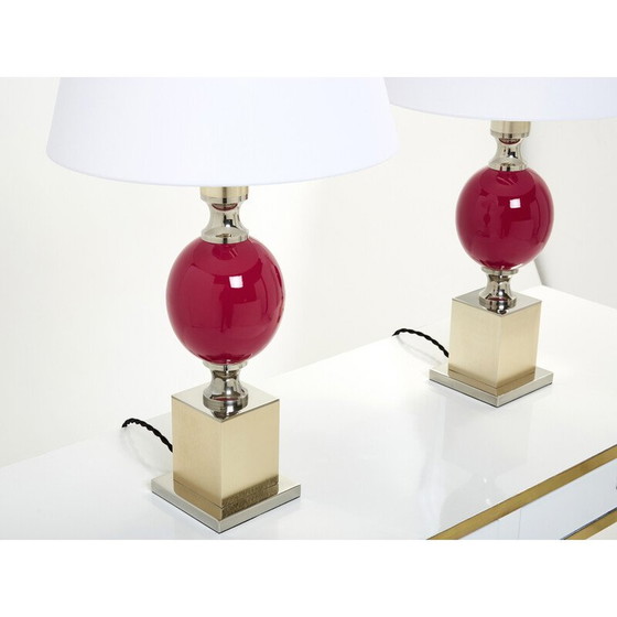 Image 1 of Pair of vinage lamps in ceramic, chrome and brass by Philippe Barbier, 1970