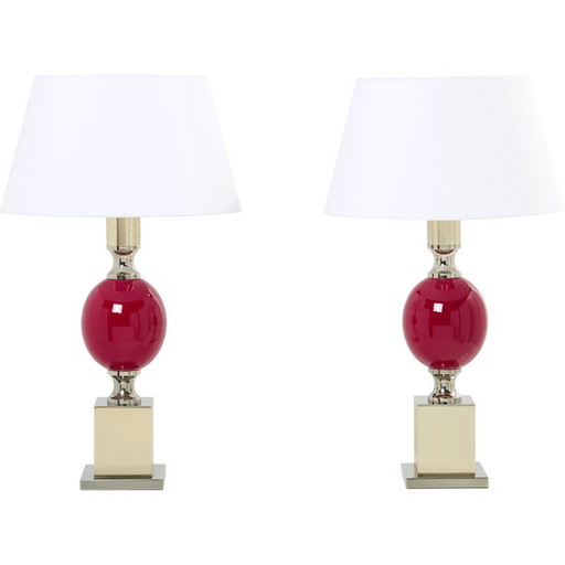 Pair of vinage lamps in ceramic, chrome and brass by Philippe Barbier, 1970