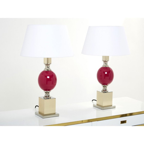 Image 1 of Pair of vinage lamps in ceramic, chrome and brass by Philippe Barbier, 1970