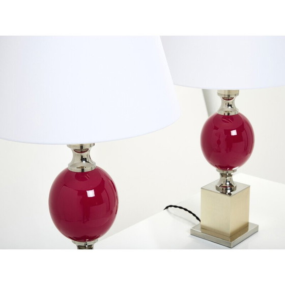 Image 1 of Pair of vinage lamps in ceramic, chrome and brass by Philippe Barbier, 1970