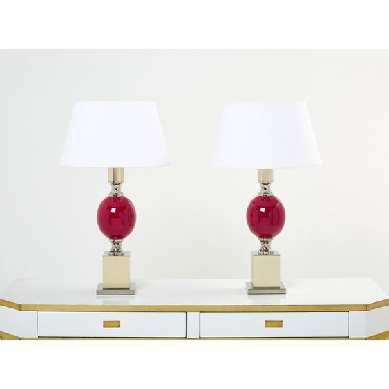 Image 1 of Pair of vinage lamps in ceramic, chrome and brass by Philippe Barbier, 1970