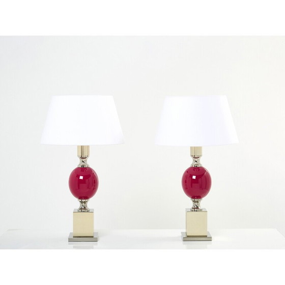 Image 1 of Pair of vinage lamps in ceramic, chrome and brass by Philippe Barbier, 1970