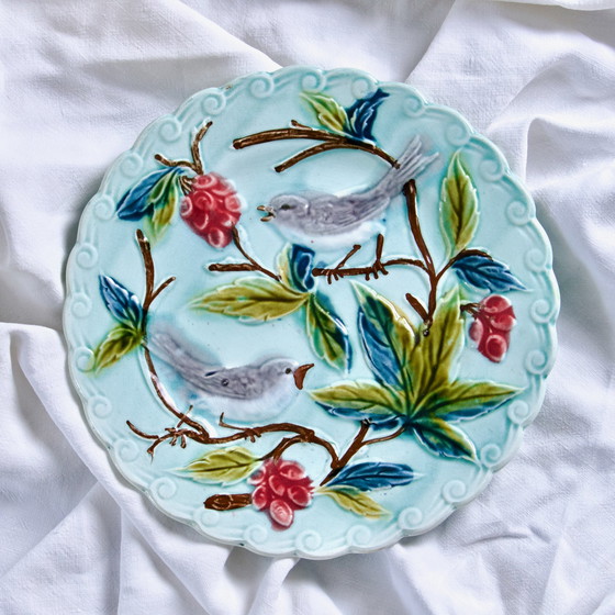 Image 1 of Duo Xixth Century Turquoise Barbotine Plates Decor Birds