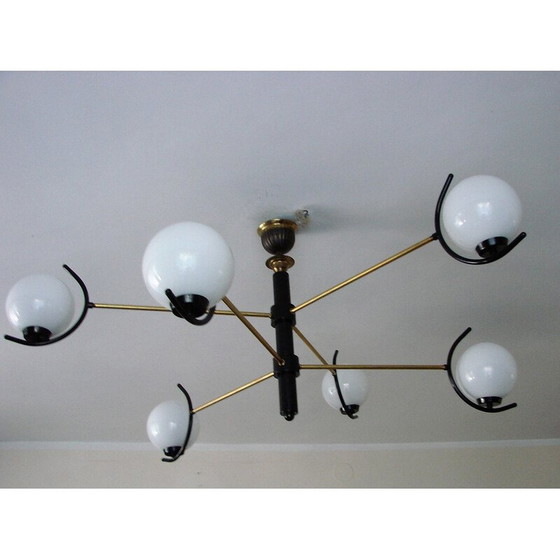 Image 1 of Lampadario vintage in ottone e vetro, anni '60