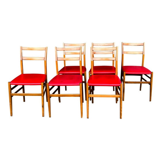 Image 1 of Set of 6 vintage chairs in ash and red faux leather "leggera" by Gio Ponti for Cassina, 1950