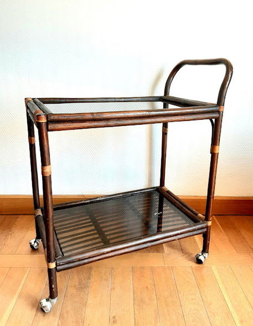 Vintage rattan and smoked glass sideboard on wheels