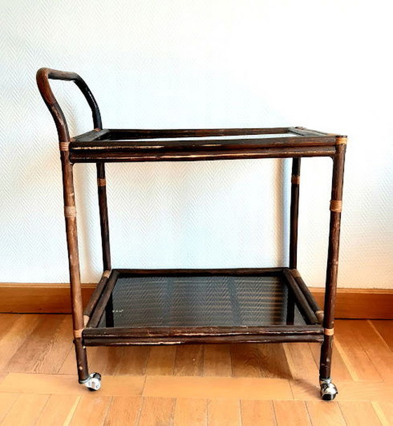 Image 1 of Carrello vintage in rattan e vetro fumé