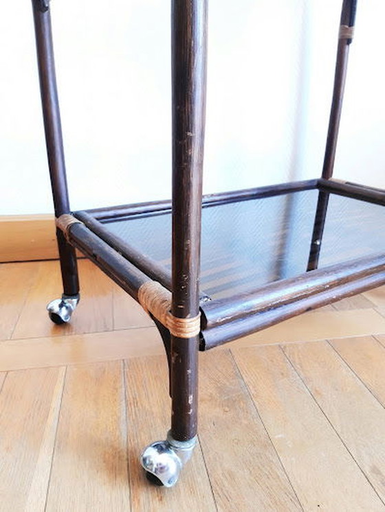 Image 1 of Carrello vintage in rattan e vetro fumé