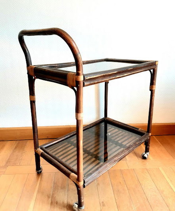 Image 1 of Carrello vintage in rattan e vetro fumé