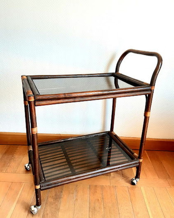 Image 1 of Carrello vintage in rattan e vetro fumé