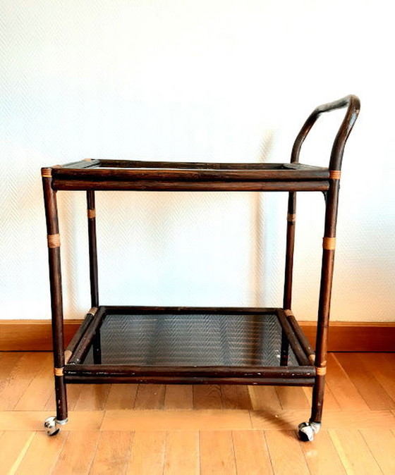 Image 1 of Carrello vintage in rattan e vetro fumé
