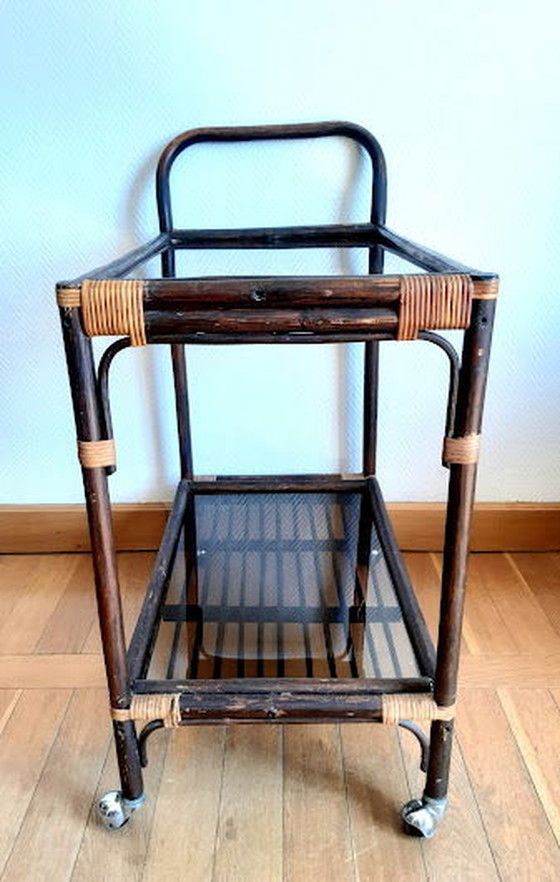 Image 1 of Carrello vintage in rattan e vetro fumé