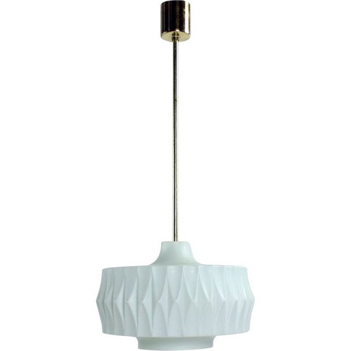 Vintage white glass and brass pendant lamp, Czechoslovakia 1960