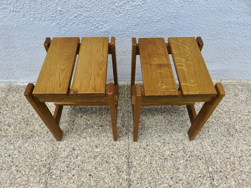 Pair Of Solid Pine Stools, France, 1960