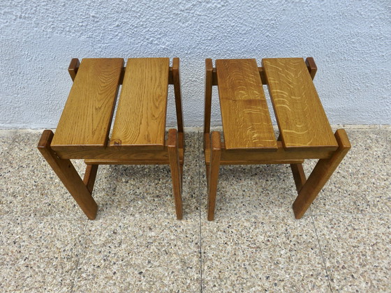 Image 1 of Pair Of Solid Pine Stools, France, 1960