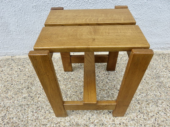 Image 1 of Pair Of Solid Pine Stools, France, 1960