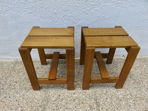 Pair Of Solid Pine Stools, France, 1960