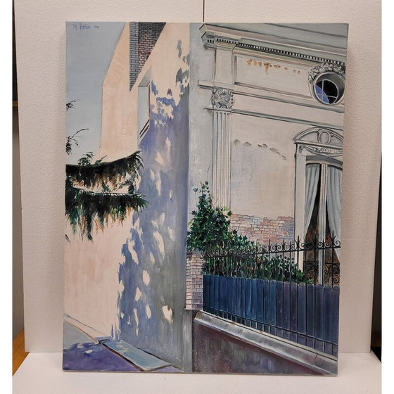 Image 1 of Pair of vintage oil paintings representing 2 views of elegant houses in broad daylight